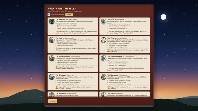 Ice Coast Revival founder selection screen with ten character cards