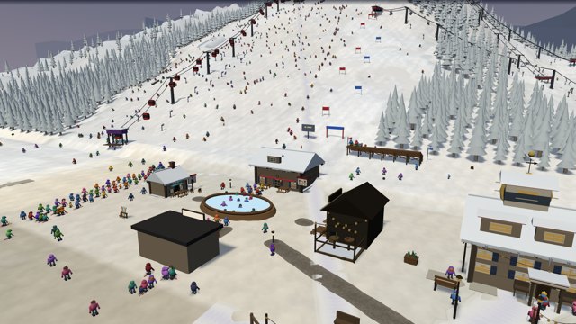 A rink-centered village courtyard with inward-facing shops, a cafe, and a restaurant