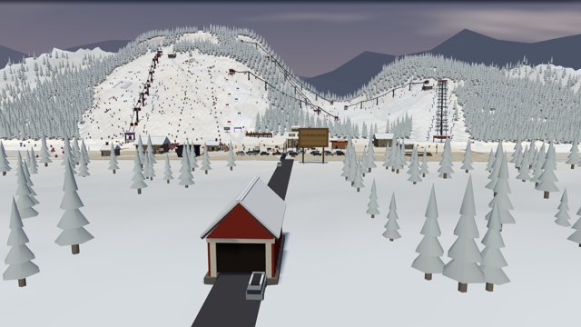 The full red covered bridge and entrance road with Temple Mountain and linked ski lifts behind it