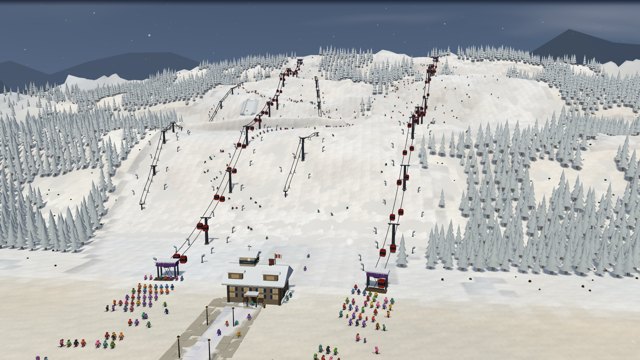 Brodie Mountain with broad rolling slopes, wooded runs, gondolas, and busy lift queues