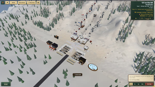Brodie's base village, parking area, lifts, and mountain at dusk
