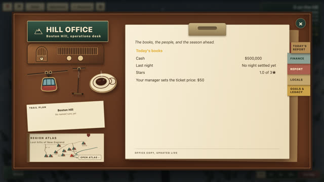 The Ice Coast Revival hill office desk with reports, atlas, and operating controls