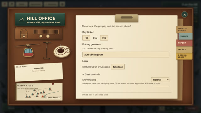 The hill office finance page with ticket price, loan, and cost controls