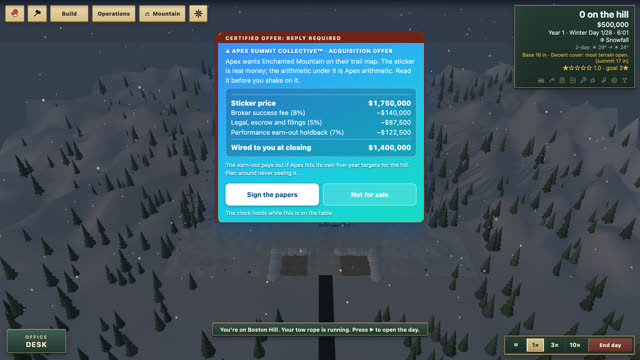 An acquisition offer from Apex Summit Collective in Ice Coast Revival